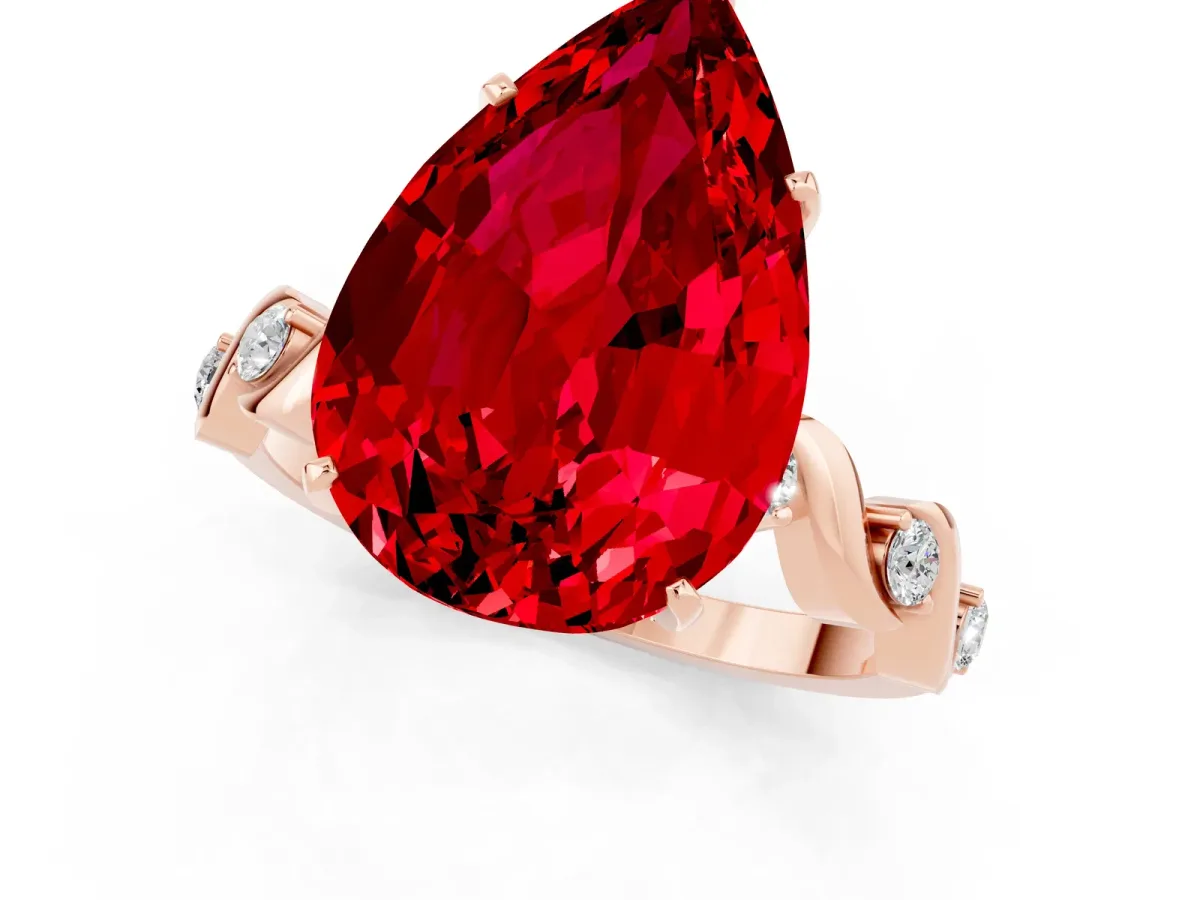 Pear Cut Ruby Solitaire Twisted Band with Round Accents and Prong Setting Rose gold