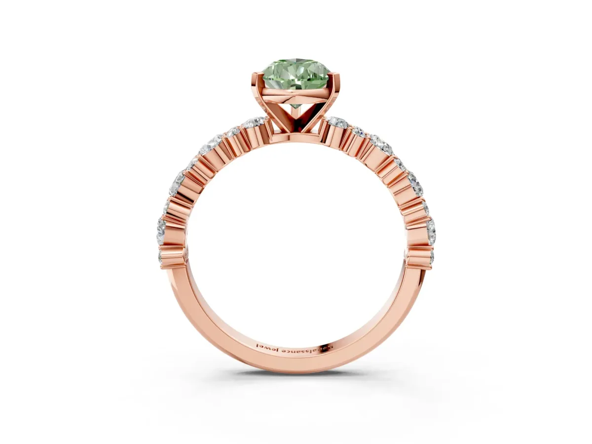 Fancy Green Pear Cut Diamond Side Stone Solitaire Ring with Round and Four-Prong Setting Rose gold