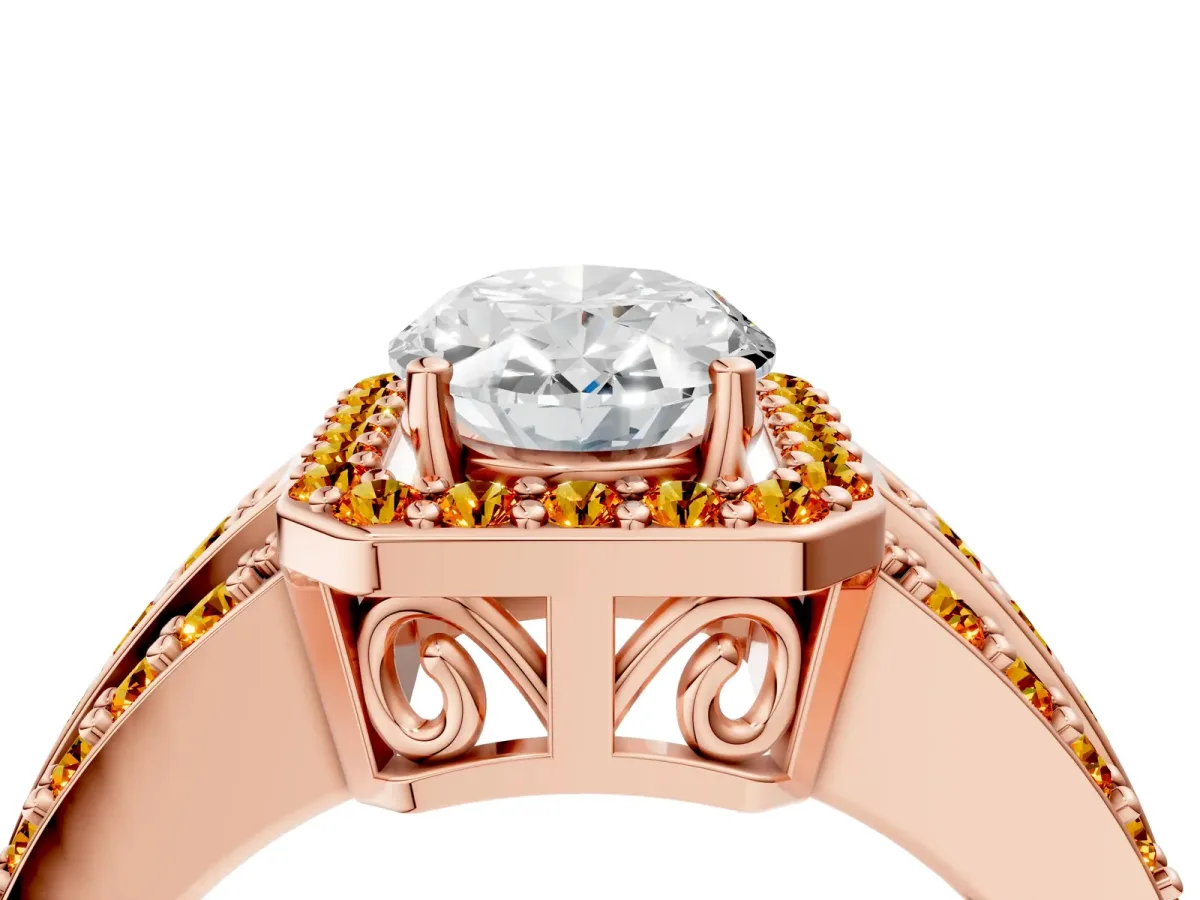 Oval Cut Halo Diamond Ring with Round Citrine Split Shank and Prong Setting Rose gold