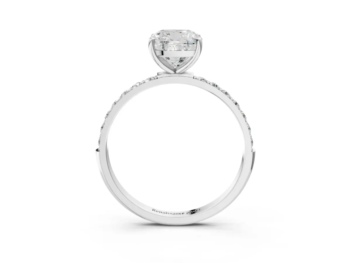 Cushion Cut Diamond Solitaire Ring with Round Pavé Shoulders and Prong Setting Silver