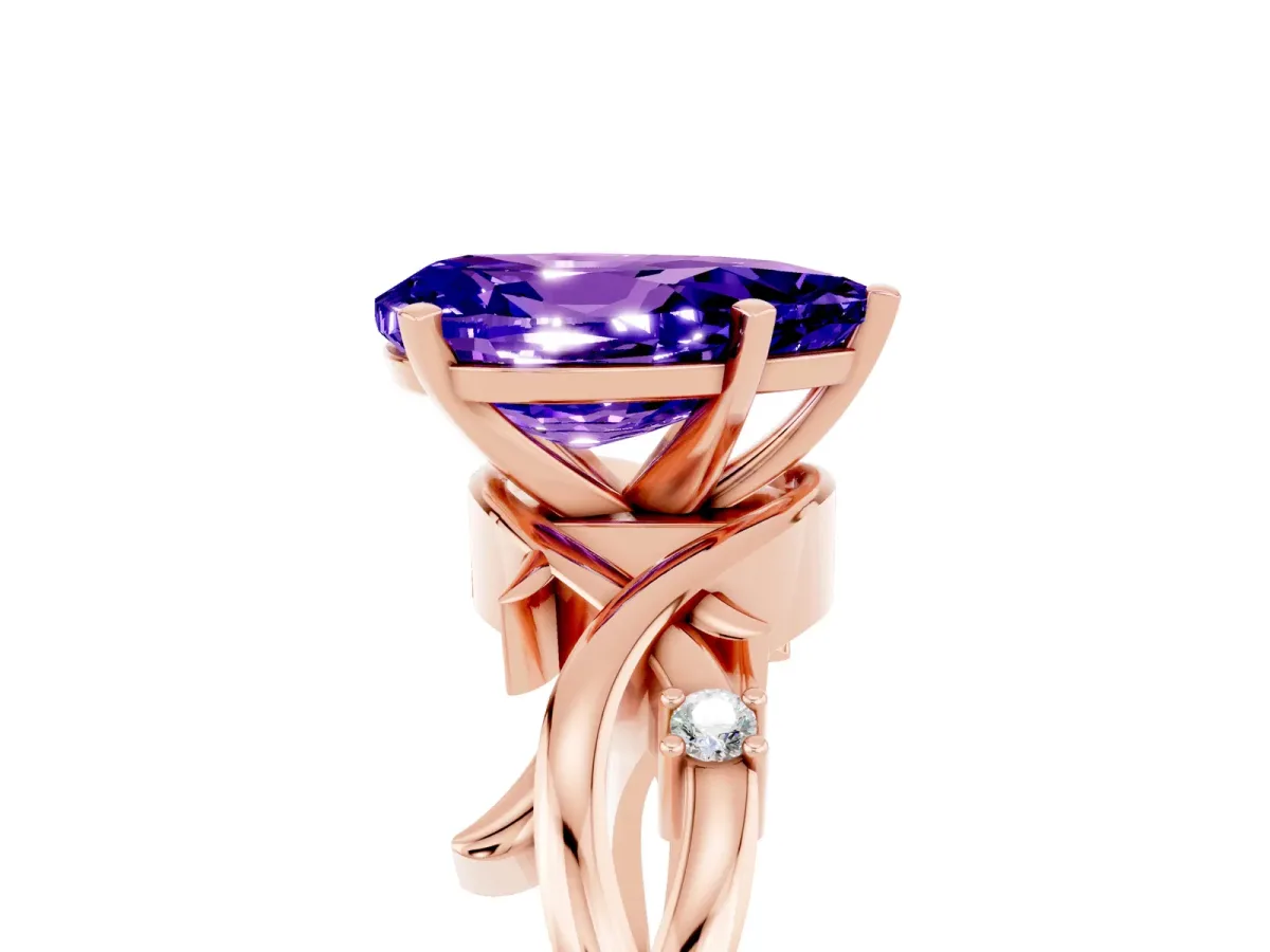 Pear Cut Tanzanite Solitaire Ring with Twisted Band and Prong Setting Rose gold