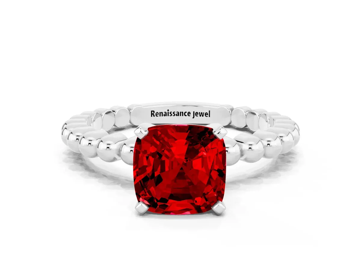 Cushion Cut Ruby Solitaire Ring with Beaded Band and Prong Setting Platinum