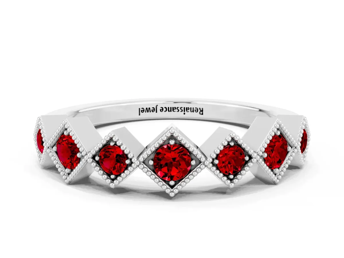 Milgrain Square Bezel Round Ruby Chevron Band Platinum