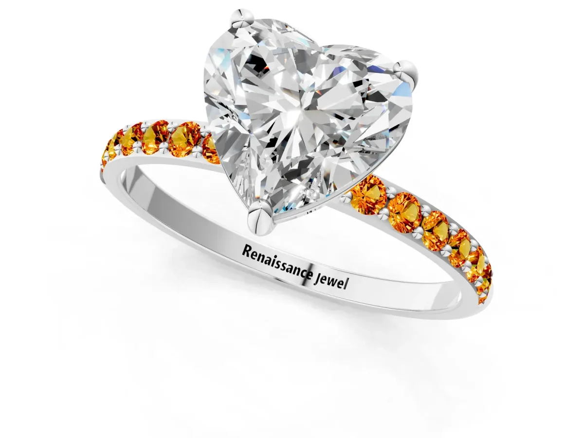 Heart Cut Diamond Solitaire Ring with Round Citrine Pavé Band and Prong Setting Silver