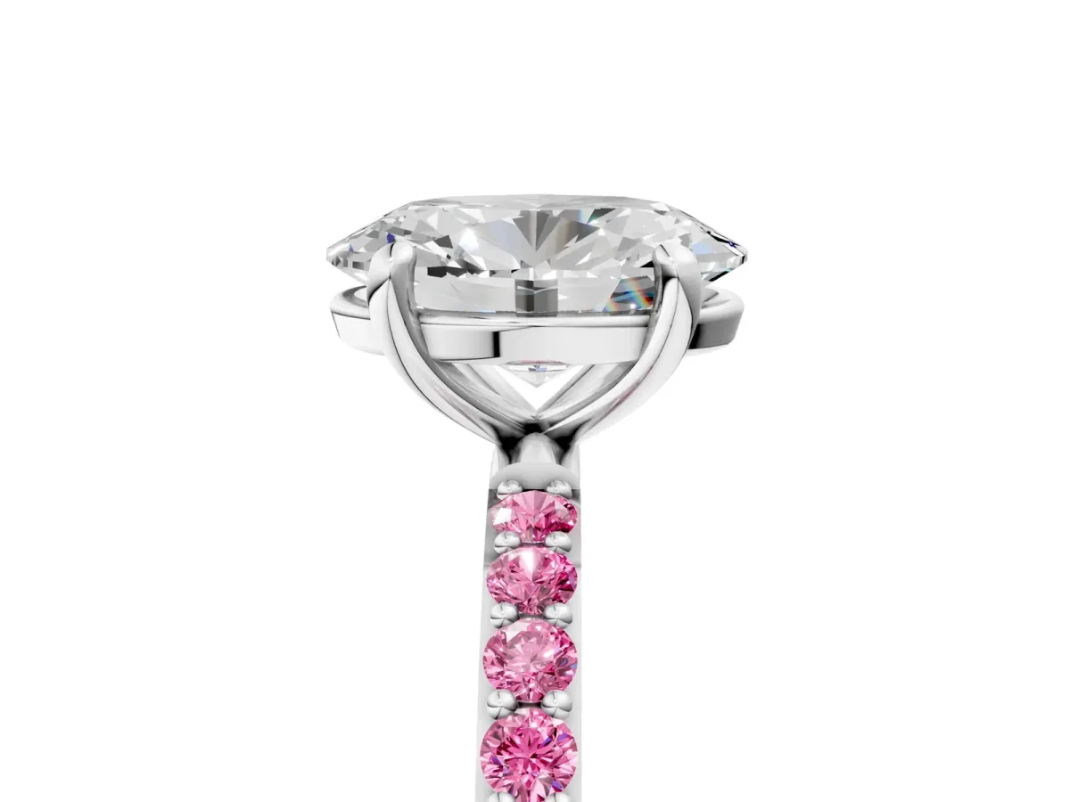 Oval Cut Diamond Solitaire Ring with Round Pink Sapphire Pavé Band and Prong Setting Silver