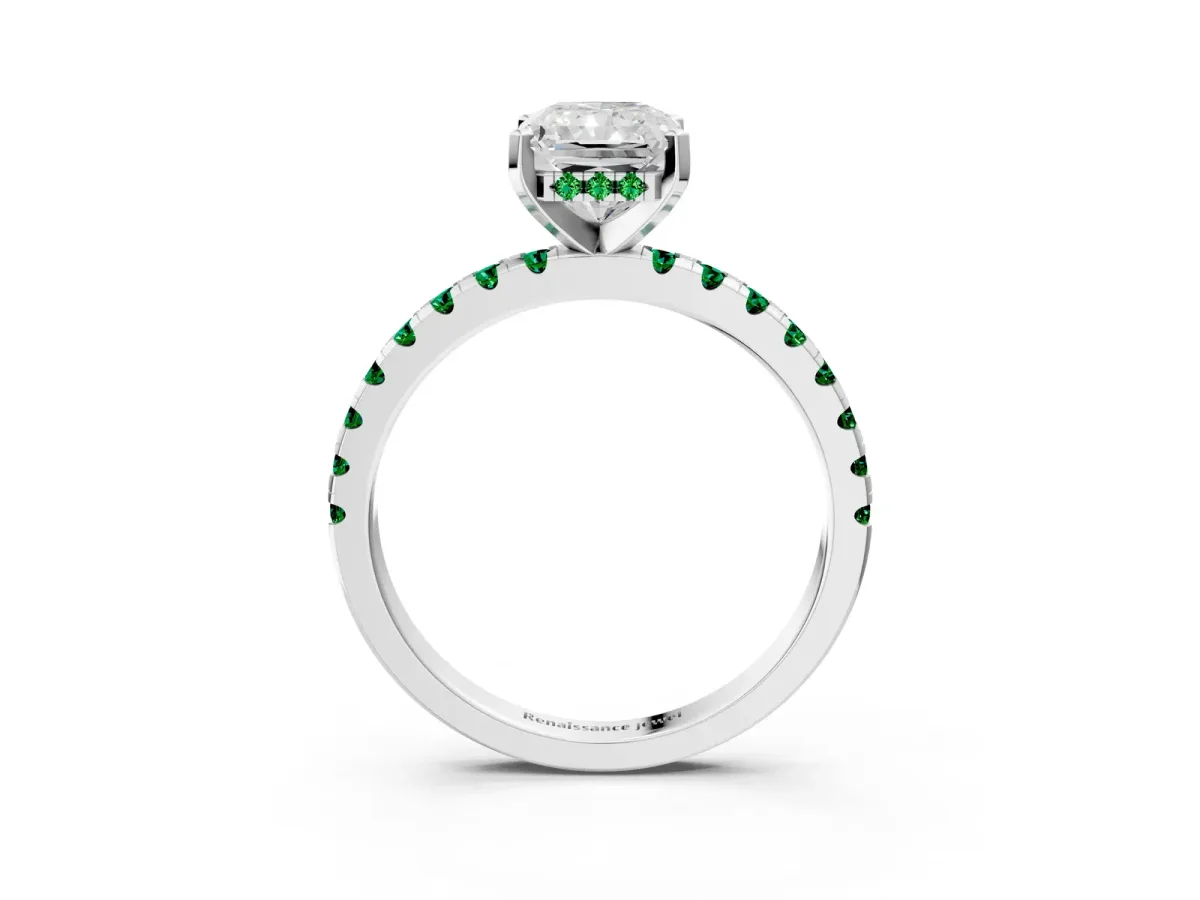 Radiant Cut Diamond Solitaire Ring with Round Emerald Pavé Band and Four-Prong Setting Silver