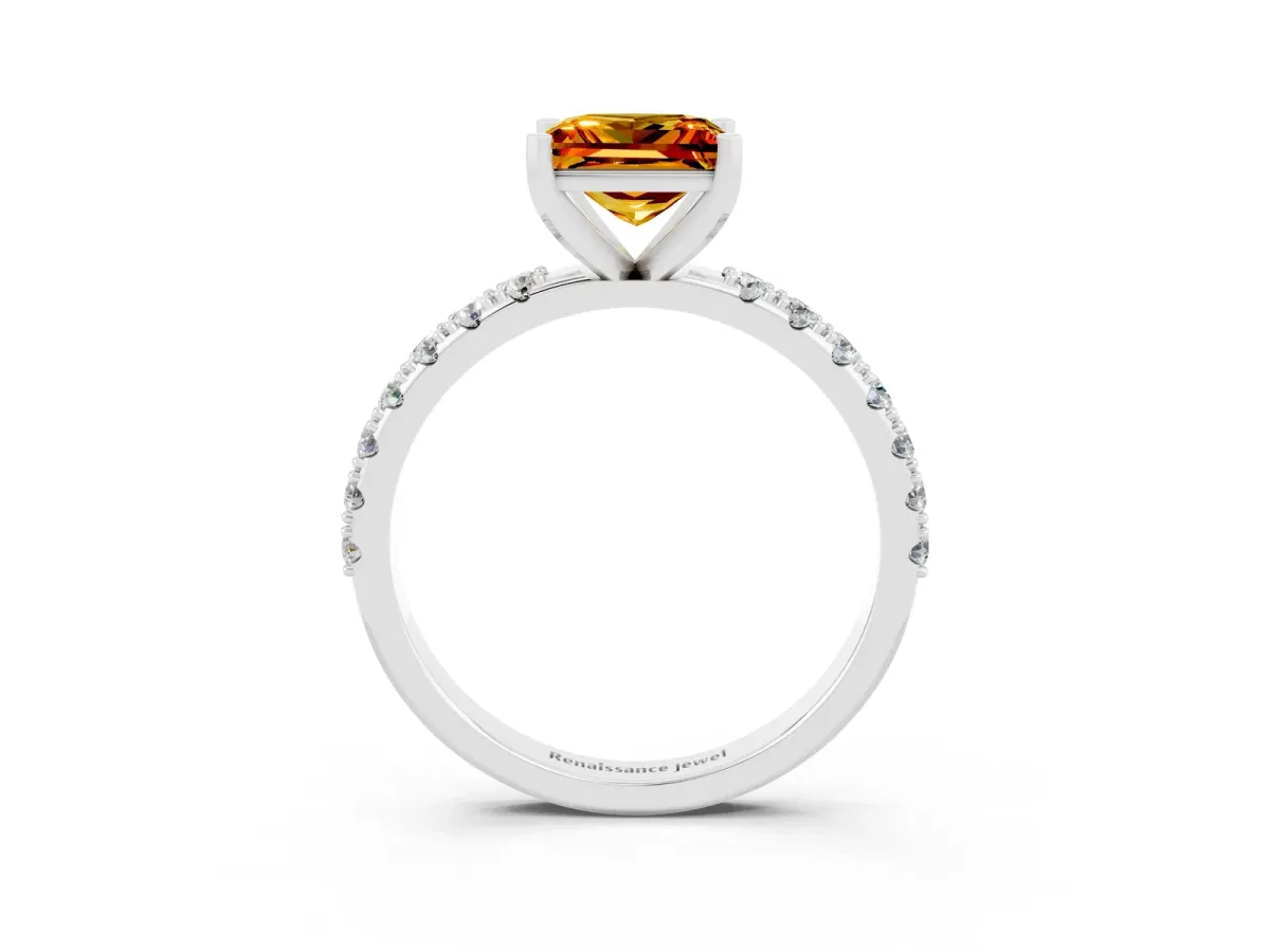Princess Cut Citrine Solitaire Pavé Band with Four-Prong Setting Platinum