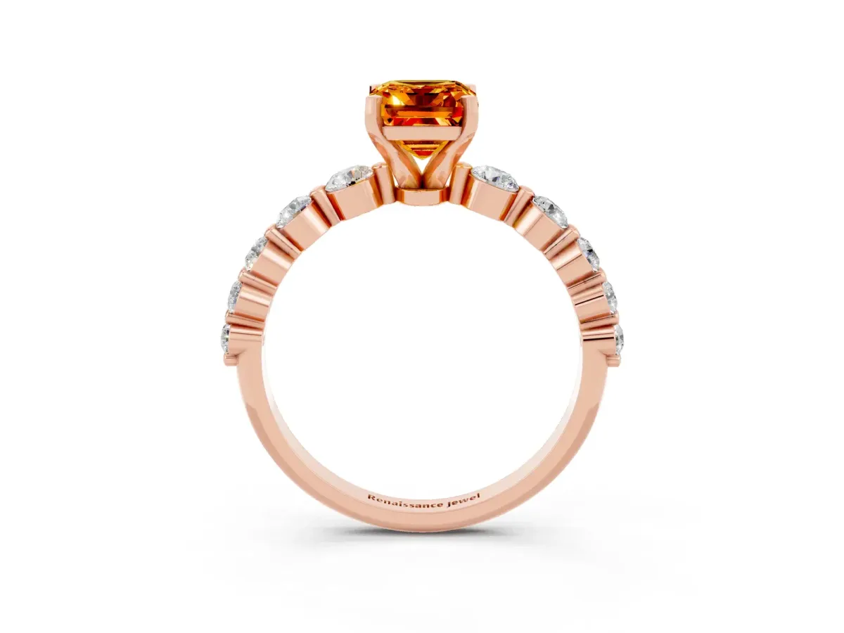 Emerald Cut Solitaire Citrine Ring with Pave Band and Four-Prong Setting Rose gold