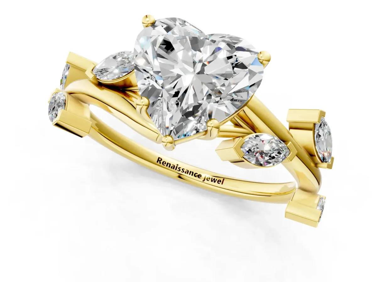 Heart Cut Solitaire Twisted Band Marquise Accent Prong Setting Ring Yellow gold