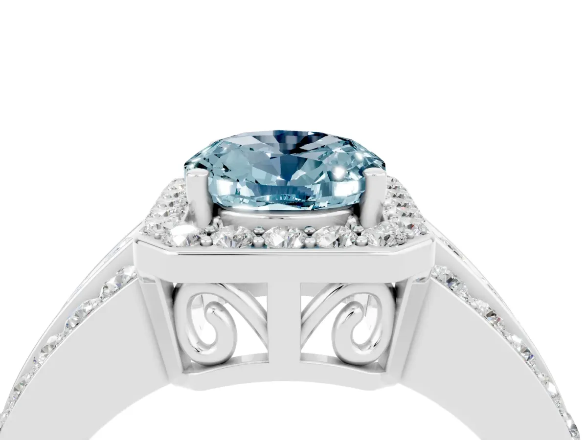 Oval Cut Halo Aquamarine Ring with Round Split Shank and Prong Setting Platinum