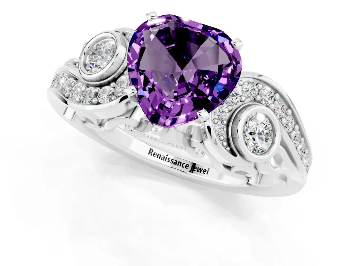 Heart Cut Amethyst Solitaire Ring with Milgrain Pavé Band and Four-Prong Setting Silver