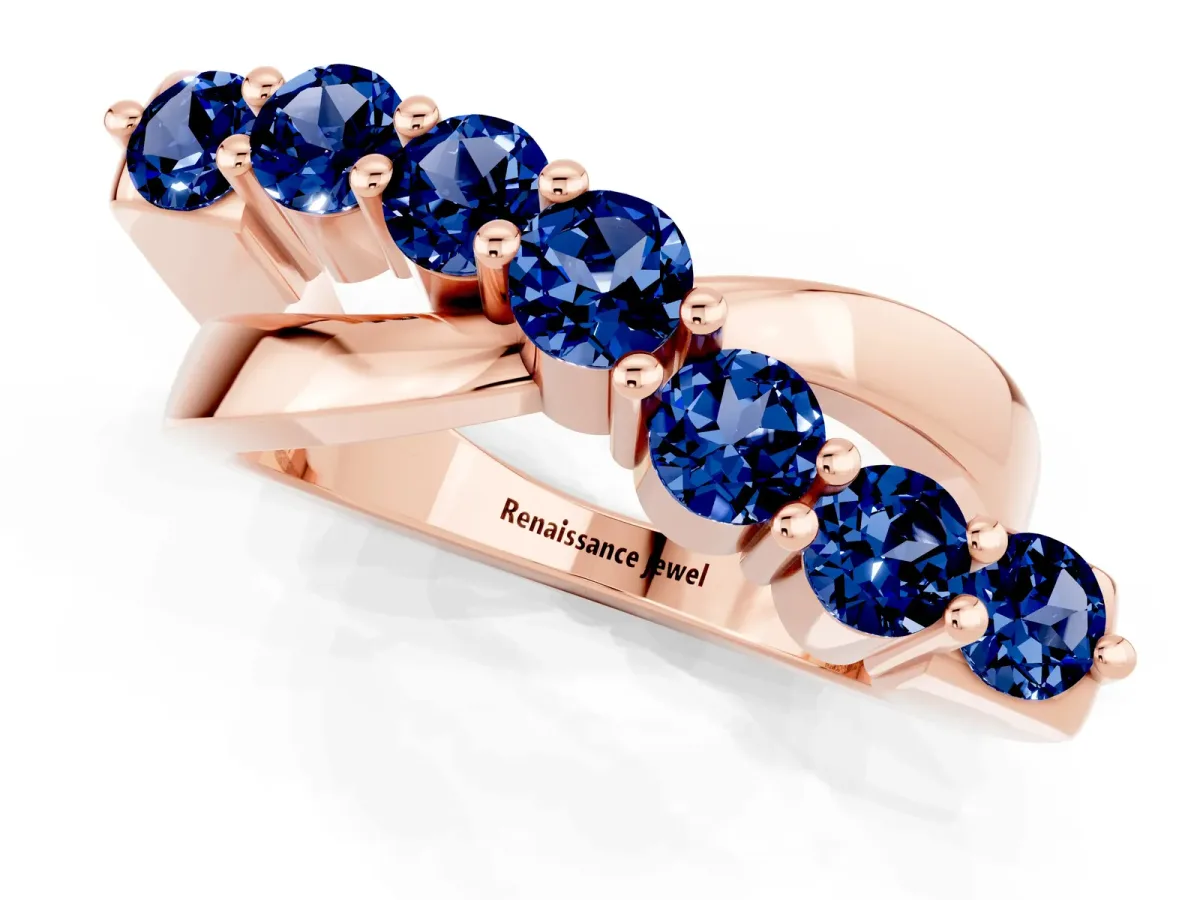 Round Blue Sapphire Prong-Set Crossover Band Rose gold