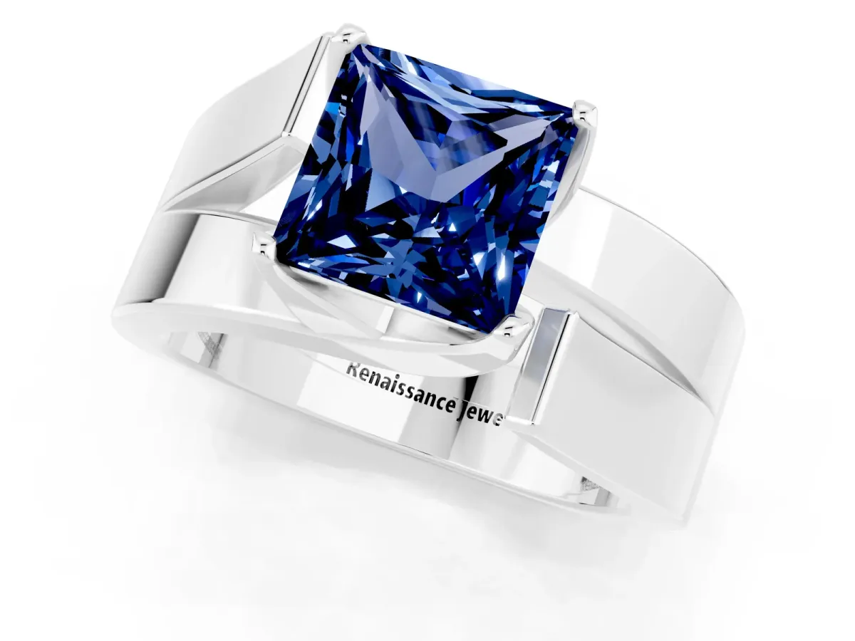 Modern Tension Set Princess Cut Blue Sapphire Solitaire Wide Band Ring Silver