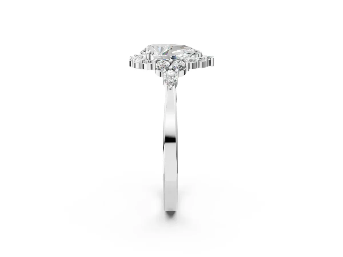 Pear Cut Diamond Halo Ring with Pear Side Stones and Prong Setting White gold
