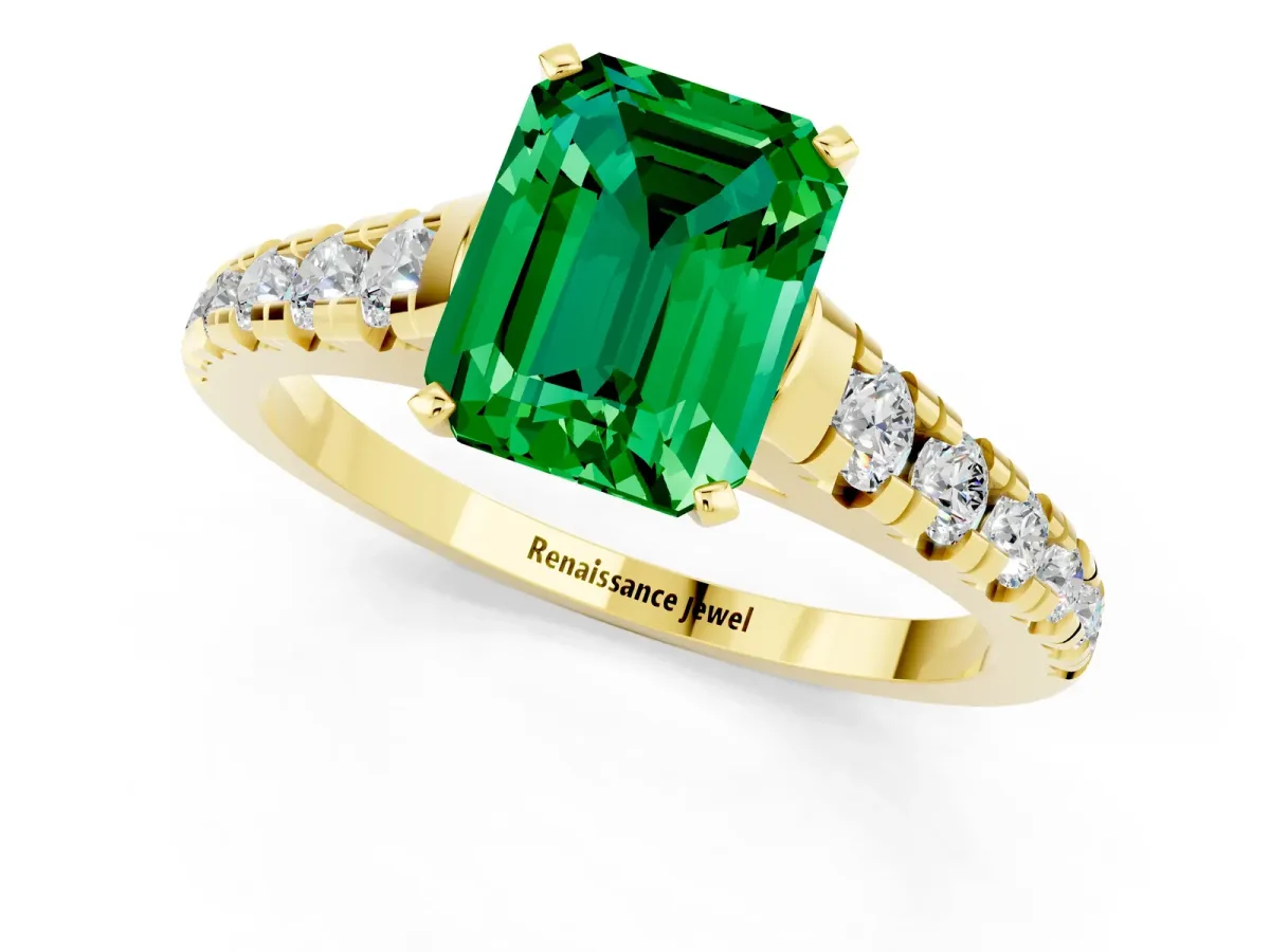 Emerald Cut Emerald Cathedral Solitaire Ring with Round Pavé Band Yellow gold