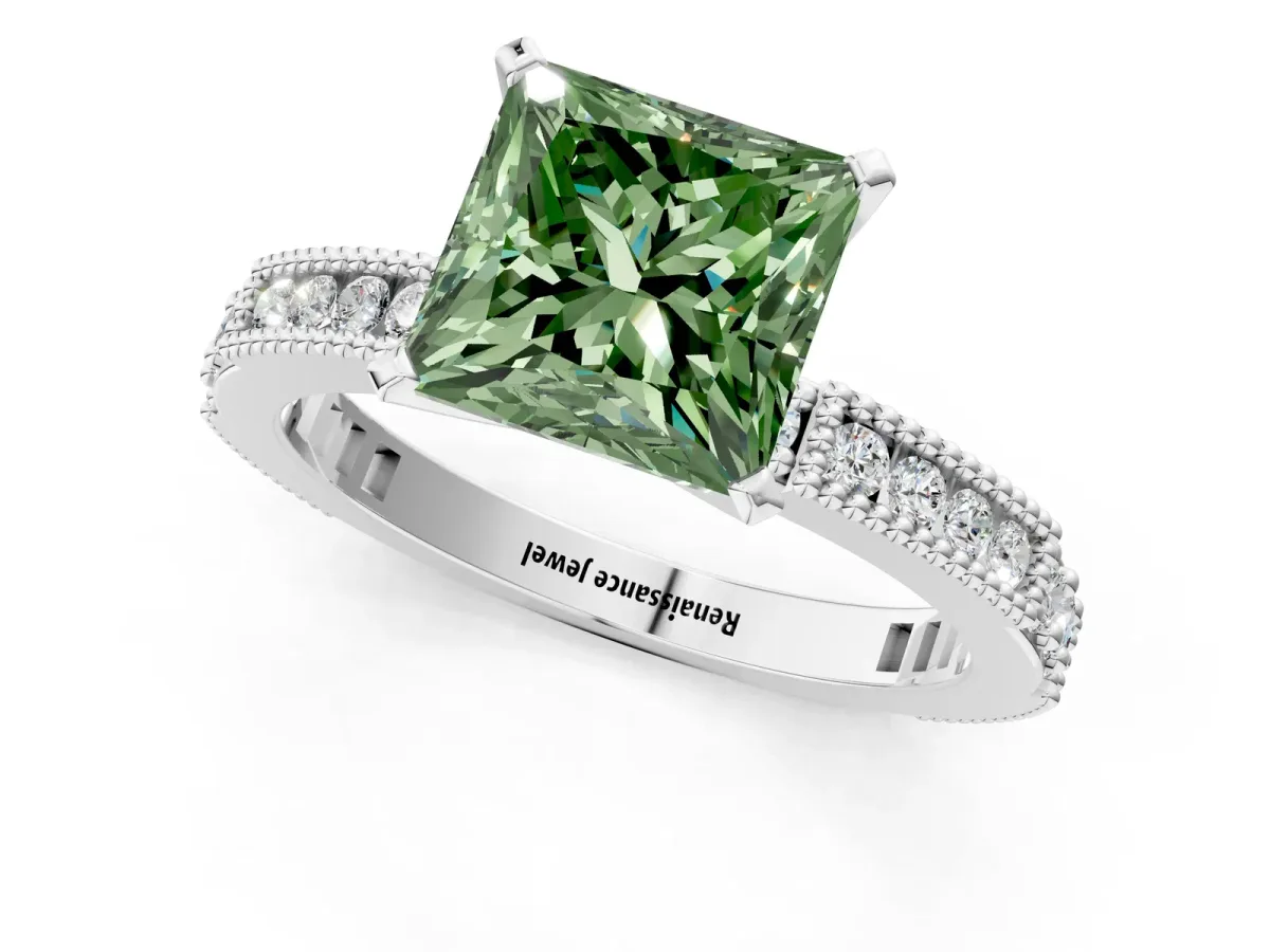 Fancy Green Princess Cut Solitaire with Pavé Band and Four-Prong Setting Silver