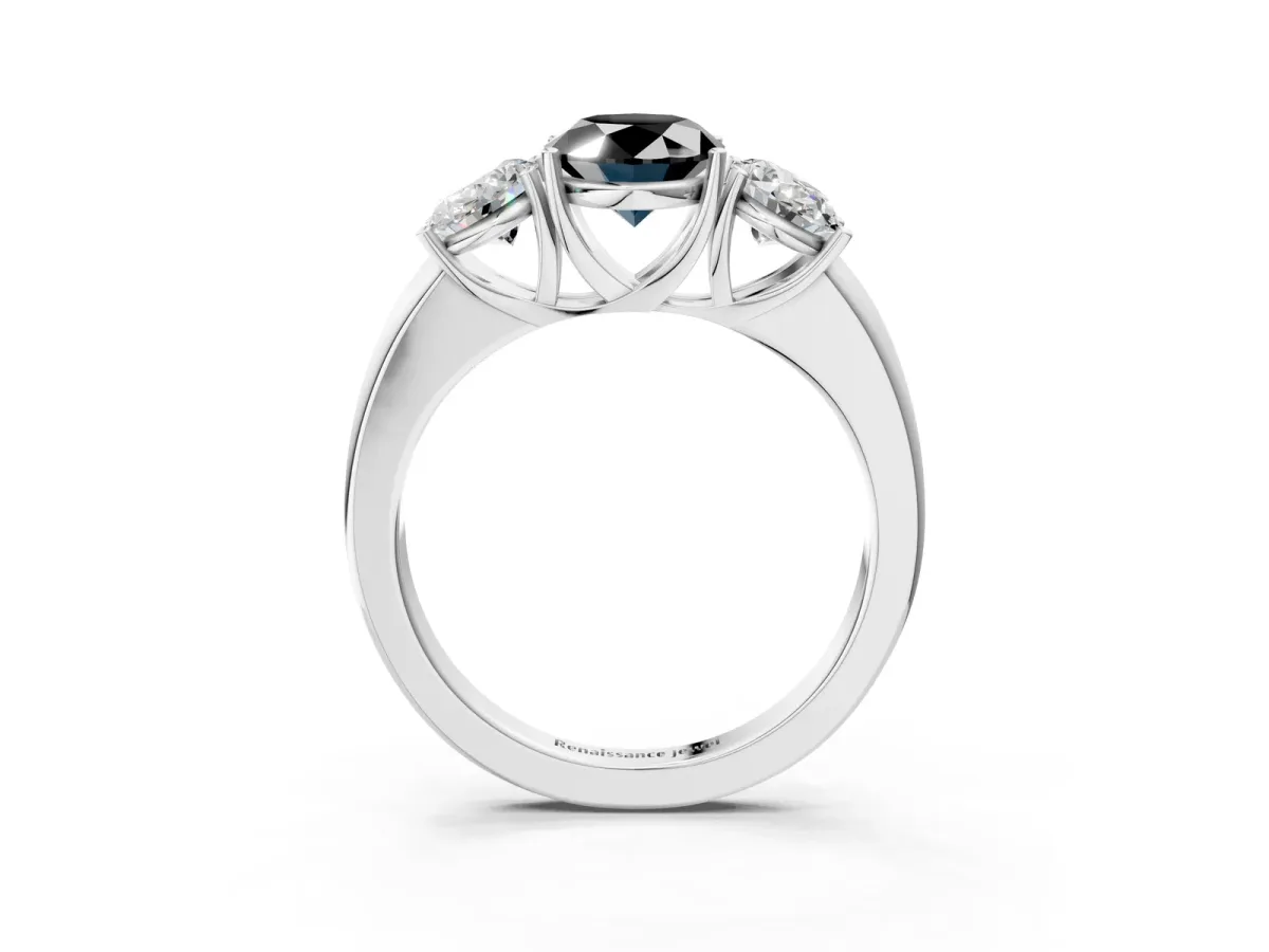 Fancy Black Oval Cut Diamond Three-Stone Ring with Four-Prong Setting and Classic Band White gold