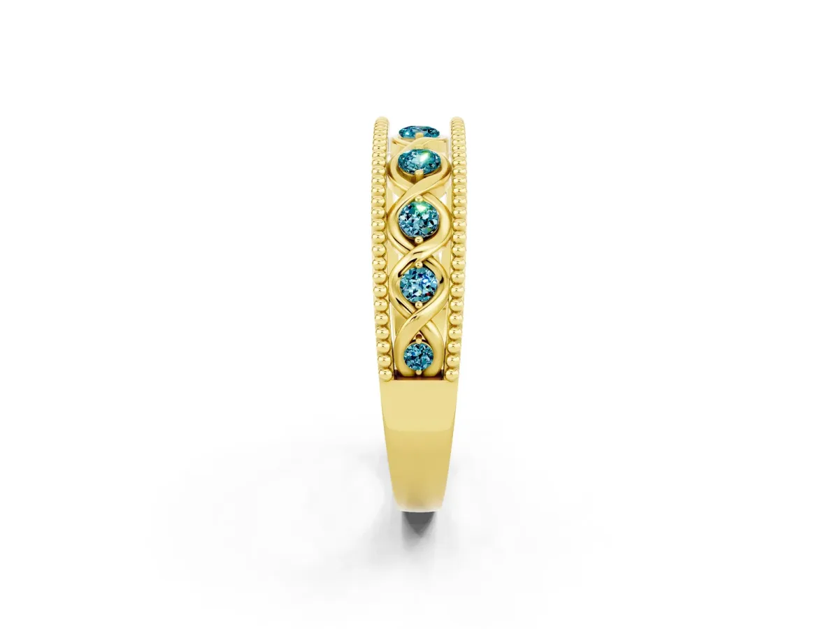 Round Blue Topaz Twist Milgrain Band with Bezel Setting Yellow gold