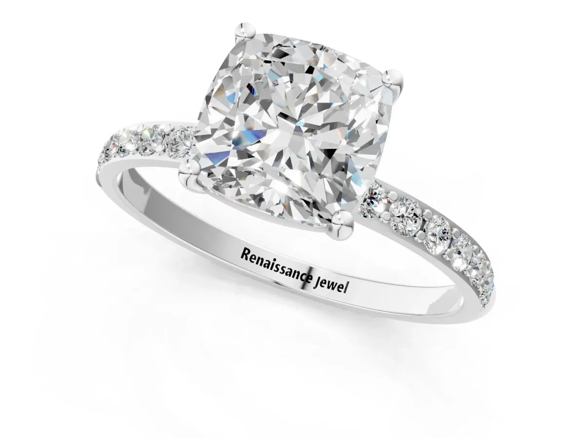 Cushion Cut Diamond Solitaire Ring with Round Pavé Shoulders and Prong Setting Silver