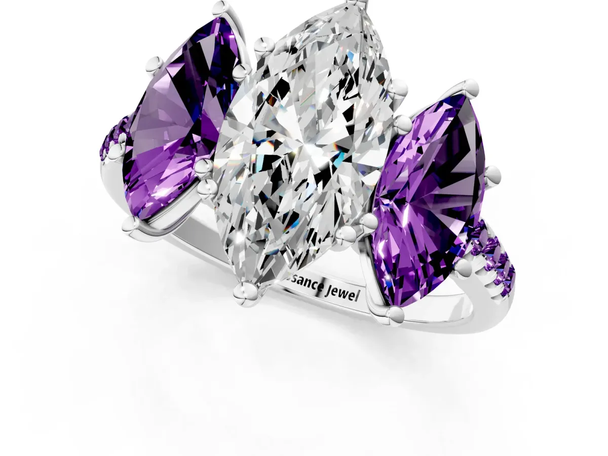 Three-Stone Marquise Cut Diamond Ring with Round Amethyst Pavé Band and Prong Setting Platinum