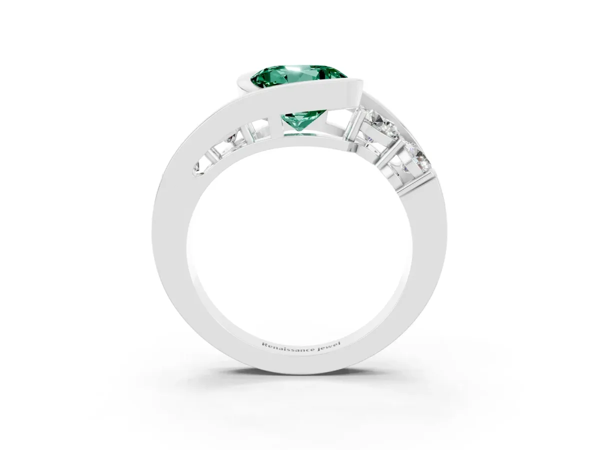 Bezel Set Round Cut Green Sapphire Bypass Ring with Round Accents Silver