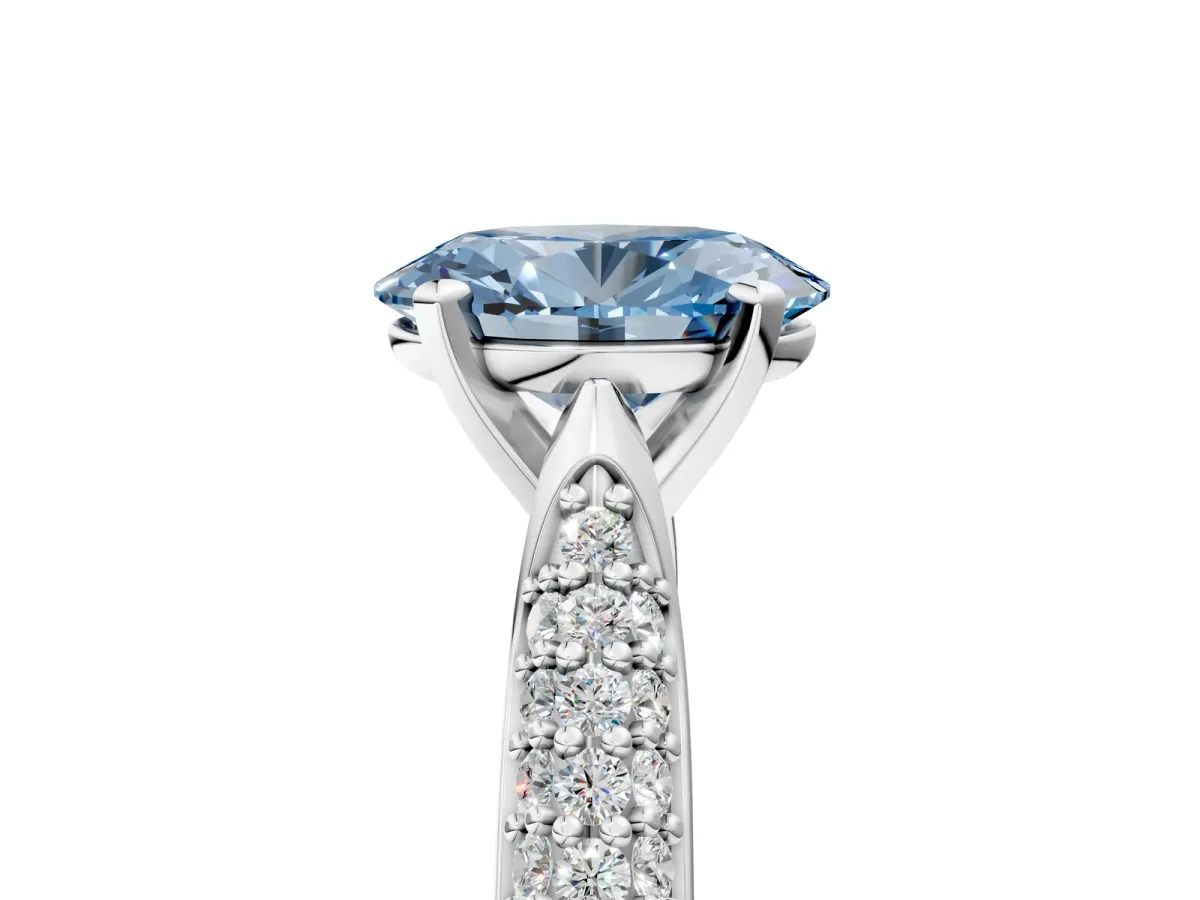 Fancy Blue Oval Cut Diamond Solitaire Engagement Ring with Multi-Row Round Pavé Band and Prong Setting Silver