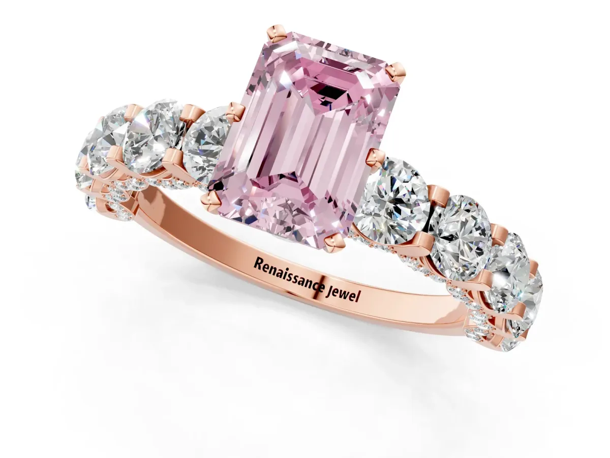Fancy Pink Emerald Cut Diamond Side Stone Engagement Ring with Four-Prong Setting Rose gold
