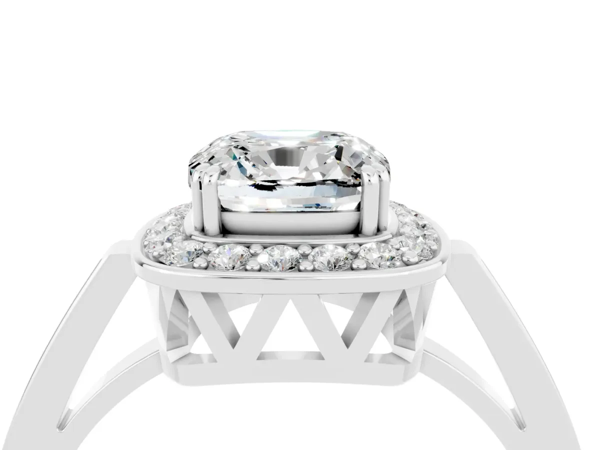 Cushion Cut Moissanite Halo Ring with Split Shank and Four-Prong Setting White gold