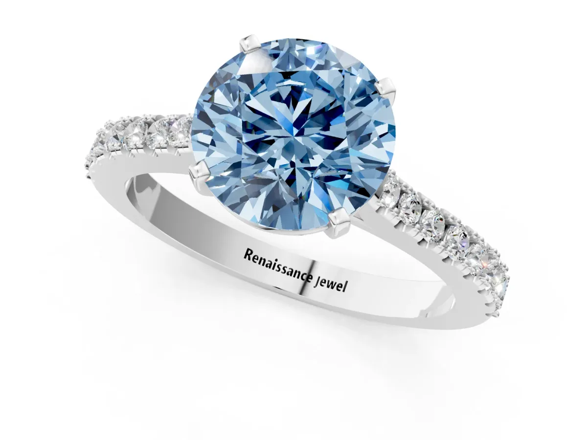 Fancy Blue Round Cut Cut Solitaire Diamond Engagement Ring with Pave Band and Four-Prong Setting Silver