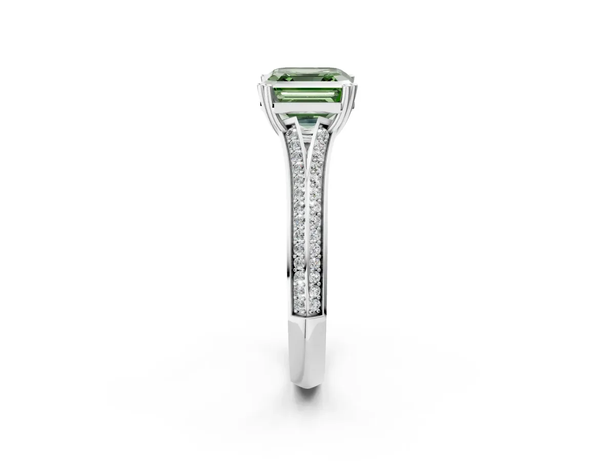 Fancy Green Asscher Cut Diamond Split Shank Engagement Ring with Pavé Band Platinum