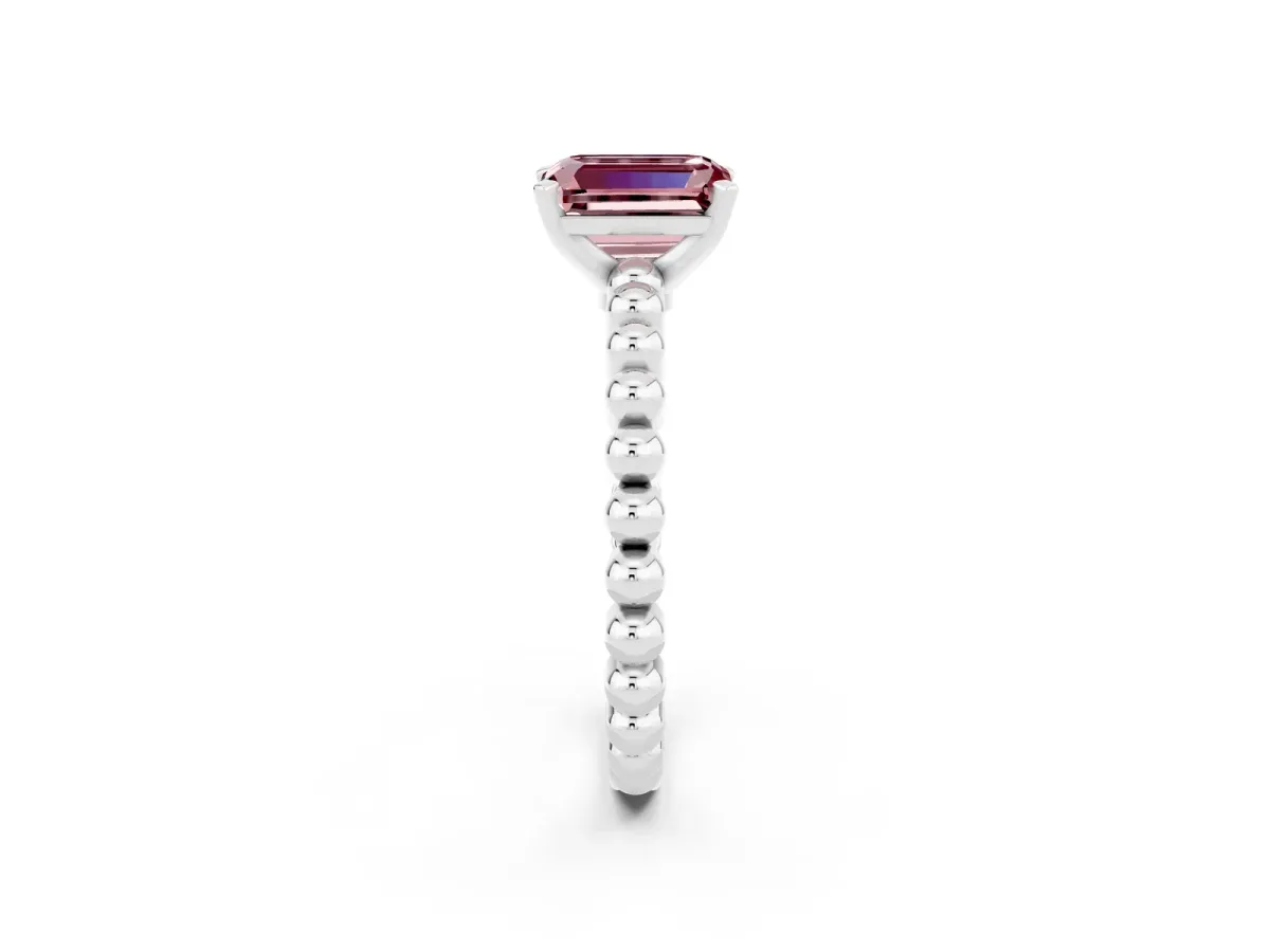 Emerald Cut Morganite Solitaire Ring with Beaded Band and Prong Setting White gold