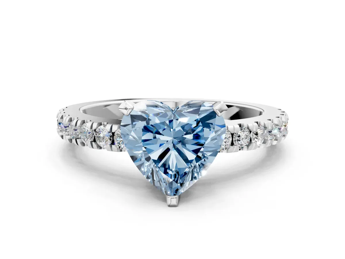Fancy Blue Heart Cut Solitaire Diamond with Pavé Band and Four-Prong Setting Silver
