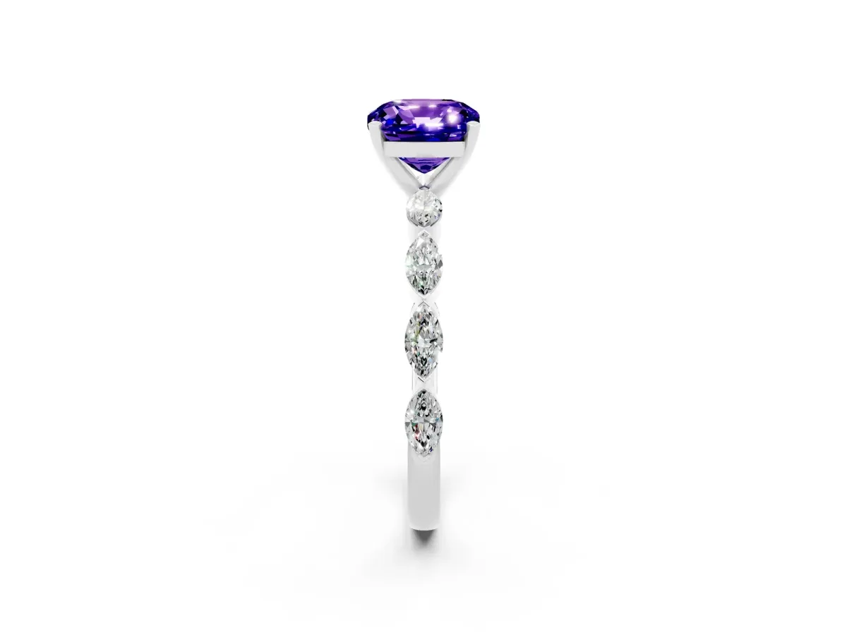 Cushion Cut Tanzanite Ring with Marquise Side Stones and Prong Setting Platinum