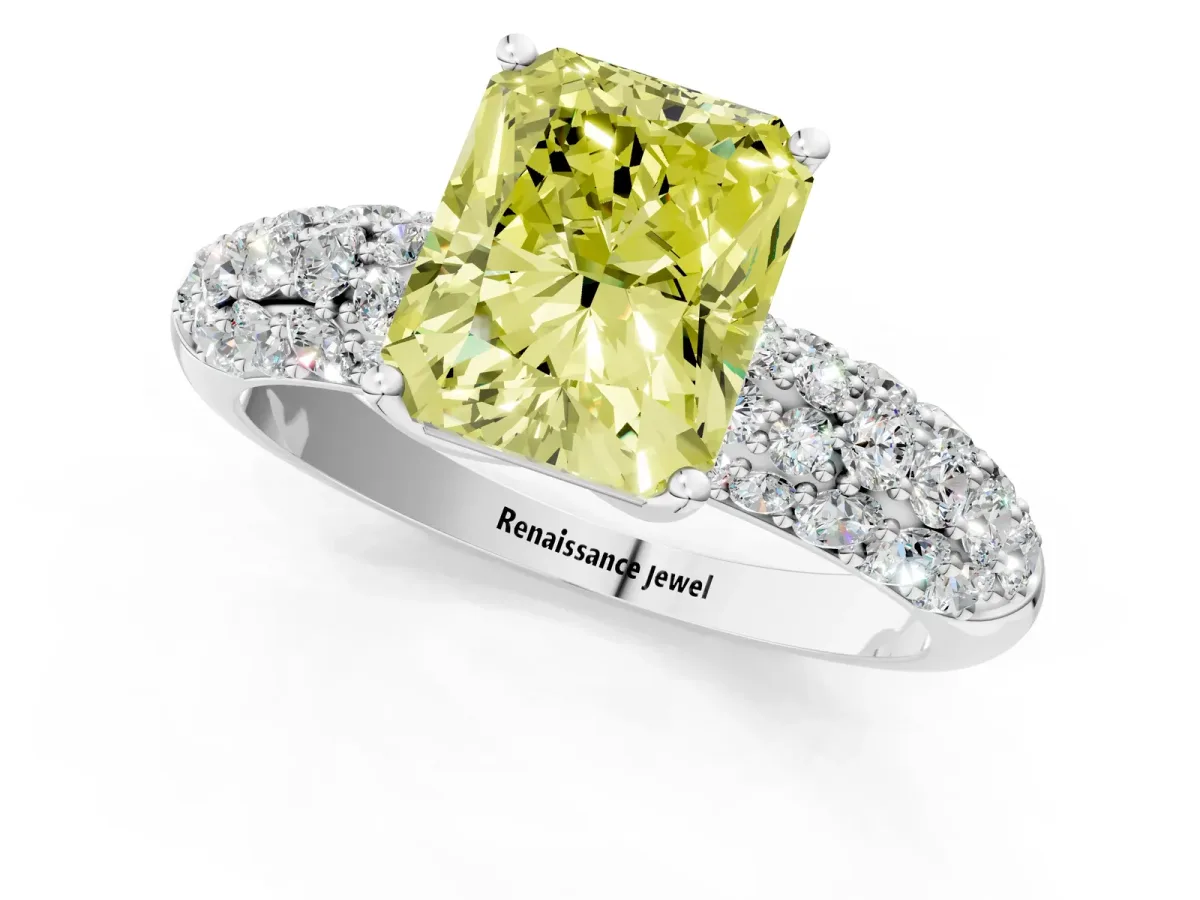 Fancy Yellow Radiant Cut Diamond Pavé Band Solitaire Ring with Four-Prong Setting Platinum