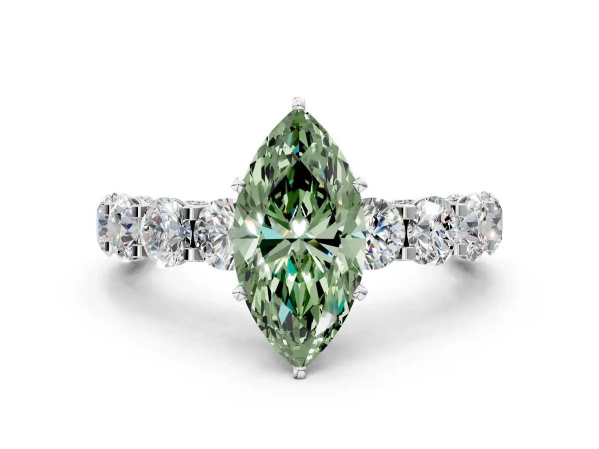 Fancy Green Marquise Cut Diamond Side Stone Engagement Ring with Four-Prong Setting White gold