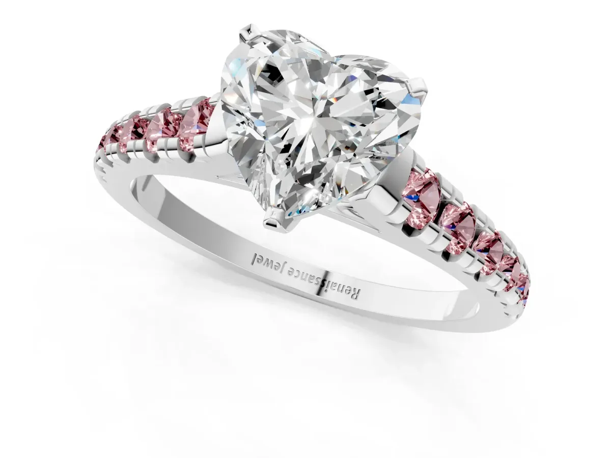 Heart Cut Diamond Cathedral Solitaire Ring with Round Morganite Pavé Band Silver