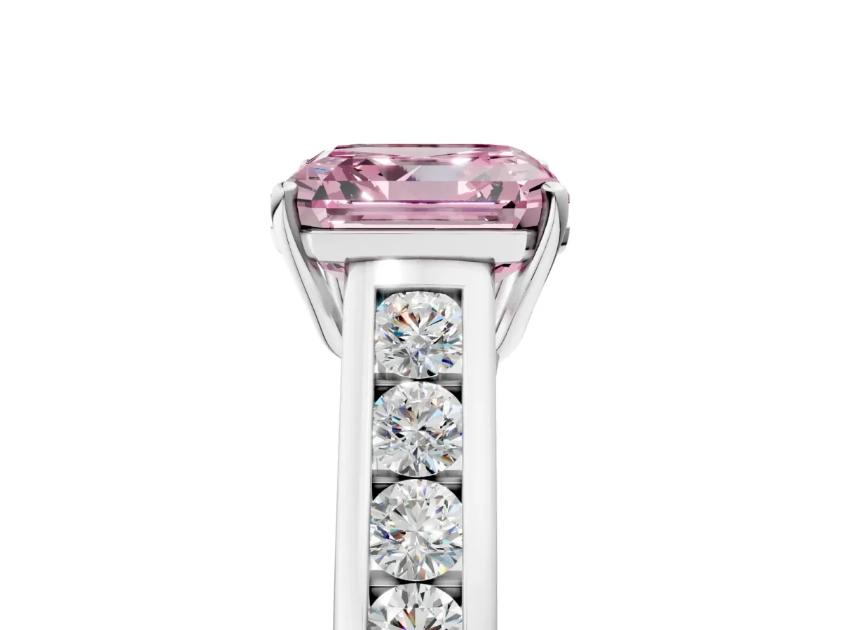 Fancy Pink Asscher Cut Solitaire Channel-Set Diamond Engagement Ring with Four-Prong Setting Platinum