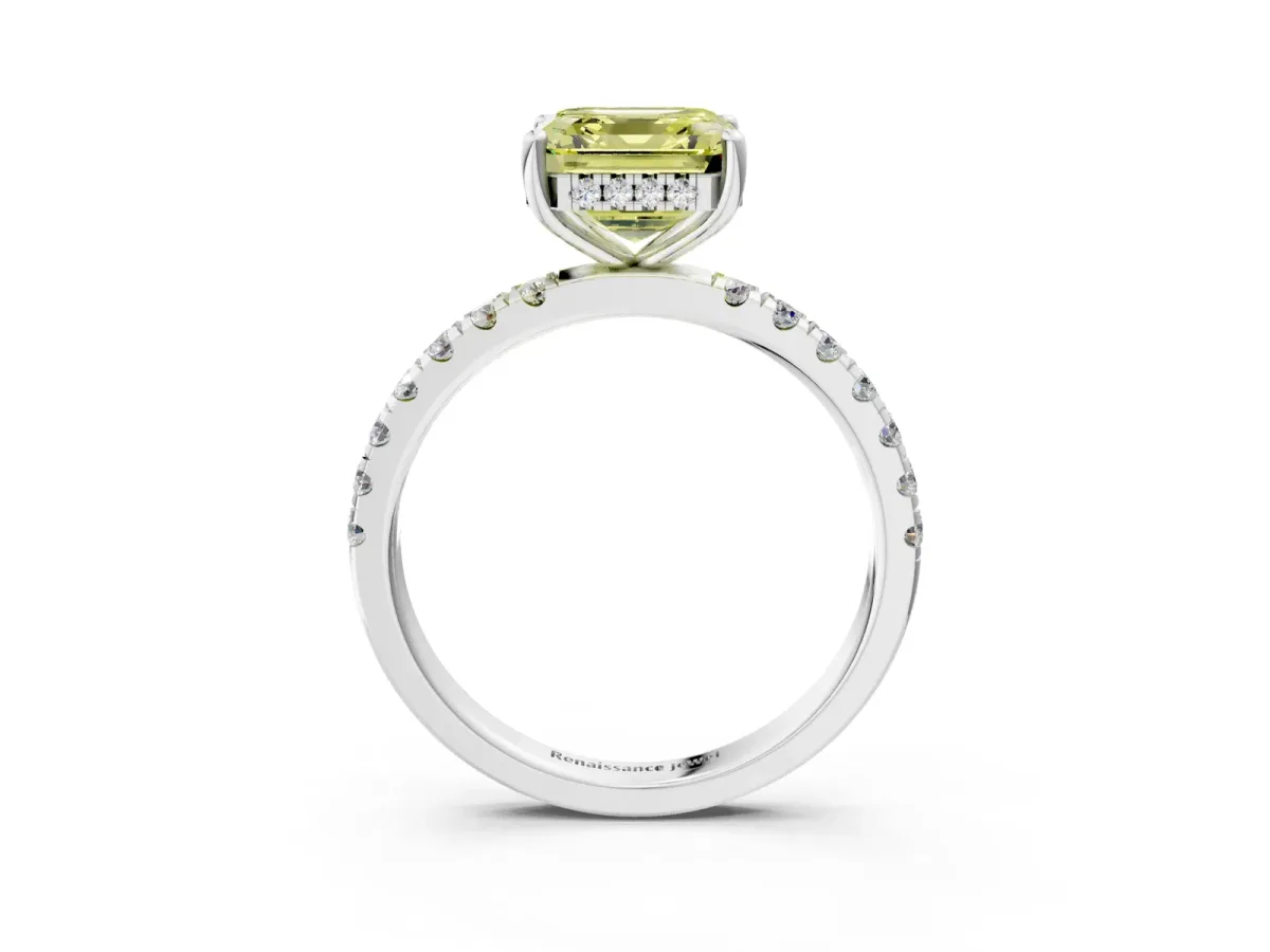 Fancy Yellow Asscher Cut Diamond Pave Band Solitaire Ring with Round and Prong Setting Platinum