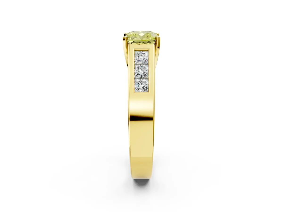 Fancy Yellow Cushion Cut Cut Channel Set Solitaire Ring with Four-Prong Setting Yellow gold