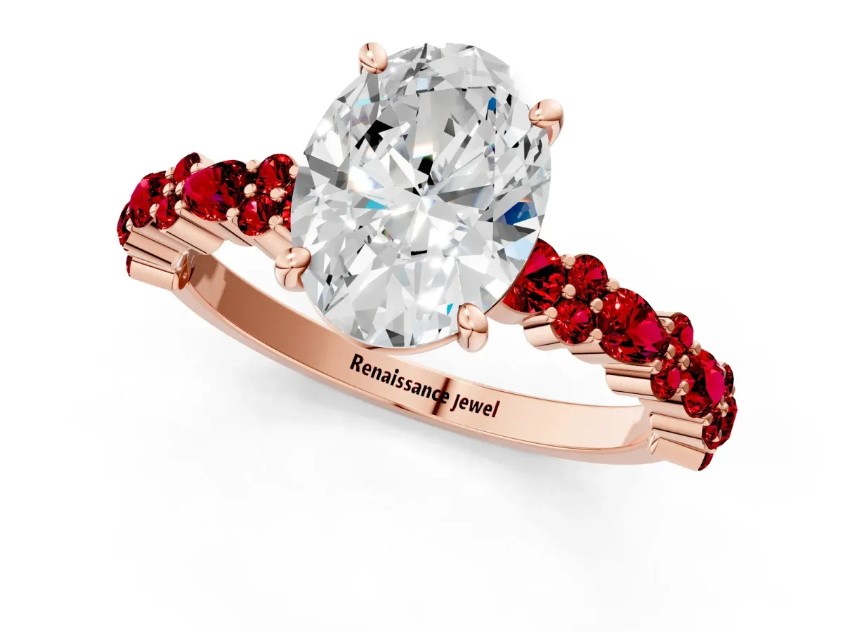 Oval Cut Diamond Side Stone Solitaire Ring with Round Ruby and Four-Prong Setting Rose gold