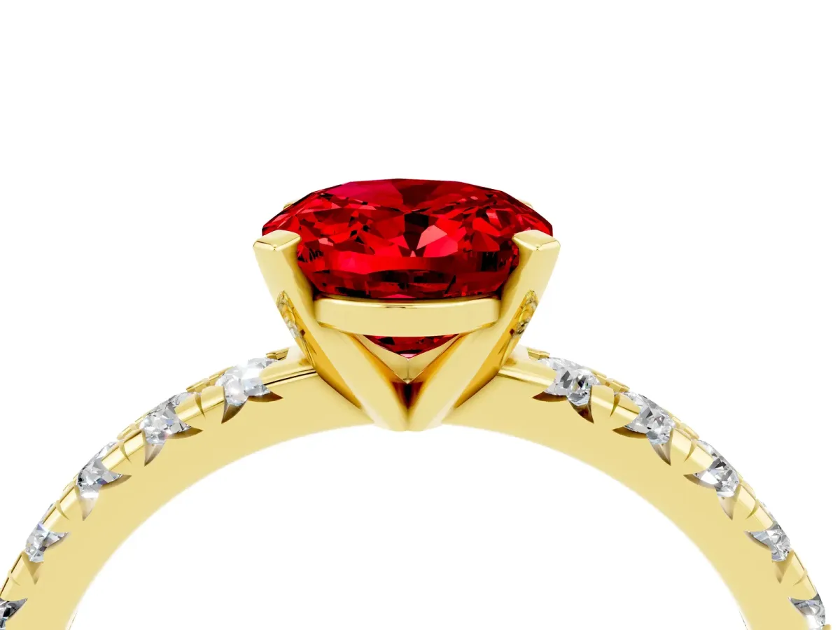 Oval Cut Ruby Solitaire Pavé Engagement Ring with Round Band and Prong Setting Yellow gold