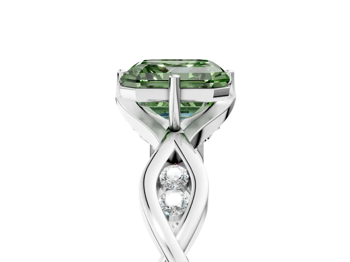 Fancy Green Asscher Cut Solitaire Twist Band with Leaf Prong Setting Platinum