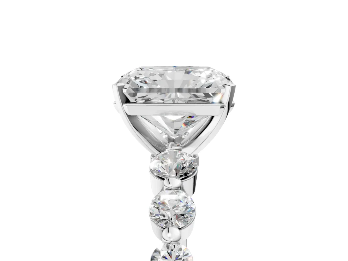 Radiant Cut Solitaire Diamond Ring with Pave Band and Four-Prong Setting Silver