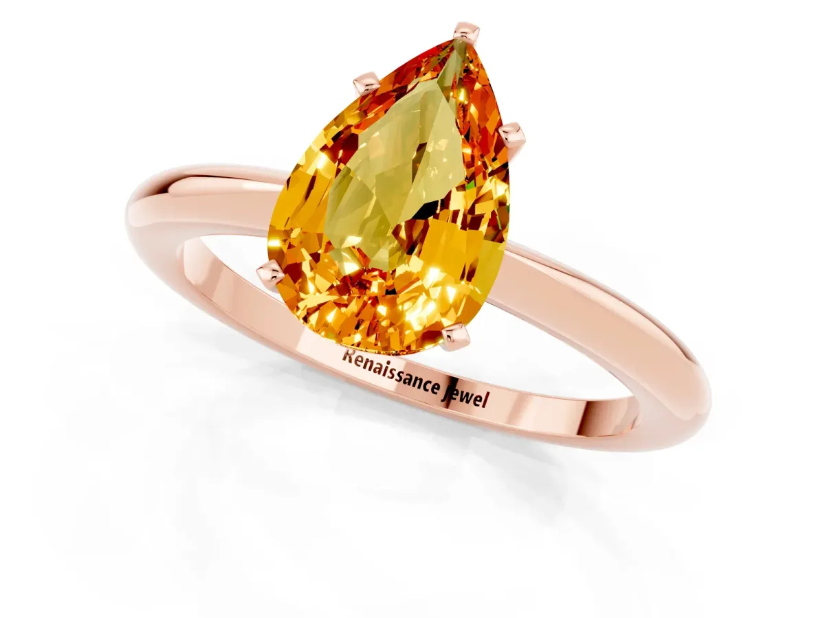 Pear Cut Citrine Solitaire Ring with Six-Prong Setting and Classic Band Rose gold