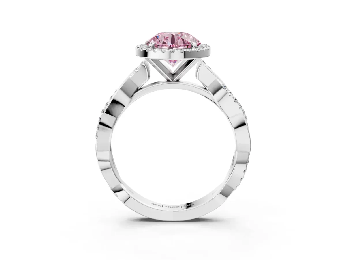 Fancy Pink Round Cut Cut Halo Twisted Band Four-Prong Ring Platinum