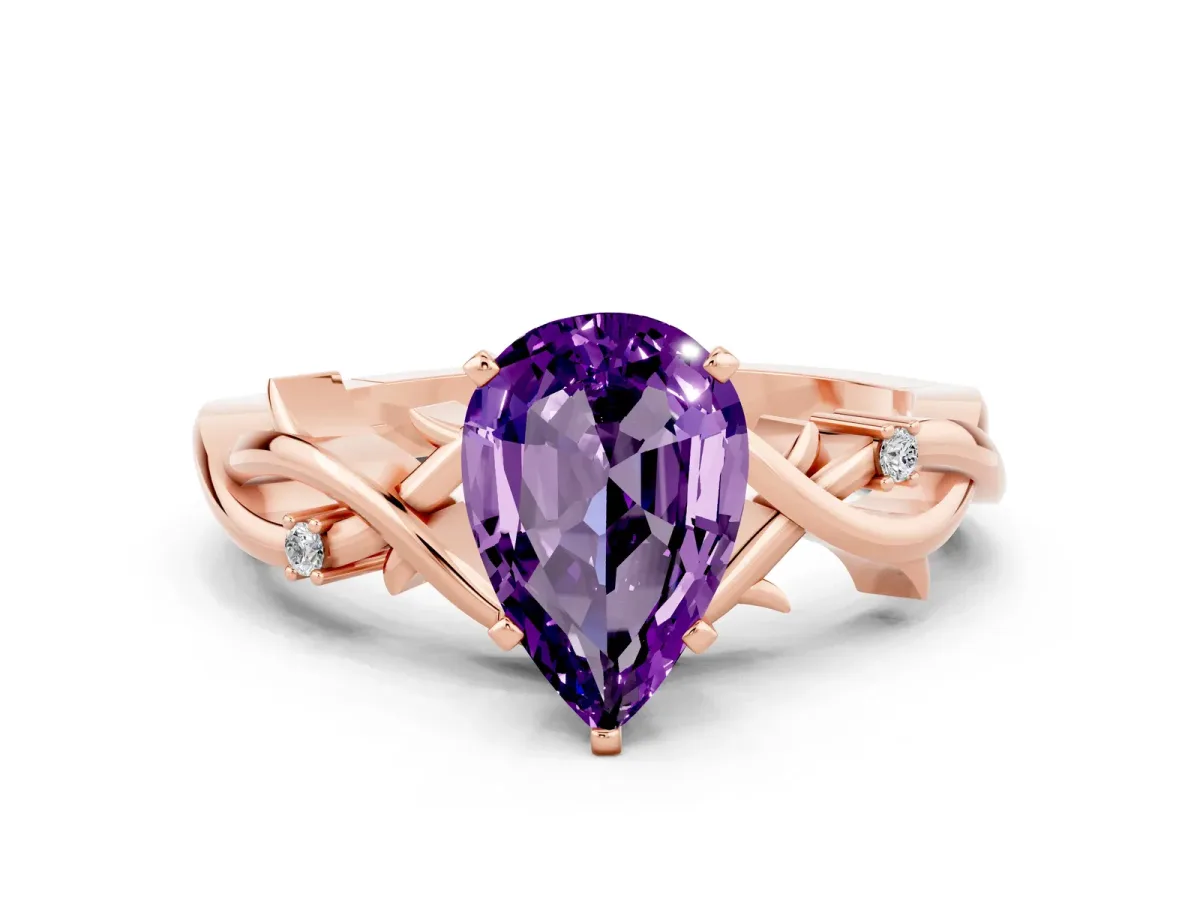 Pear Cut Amethyst Solitaire Ring with Twisted Band and Prong Setting Rose gold