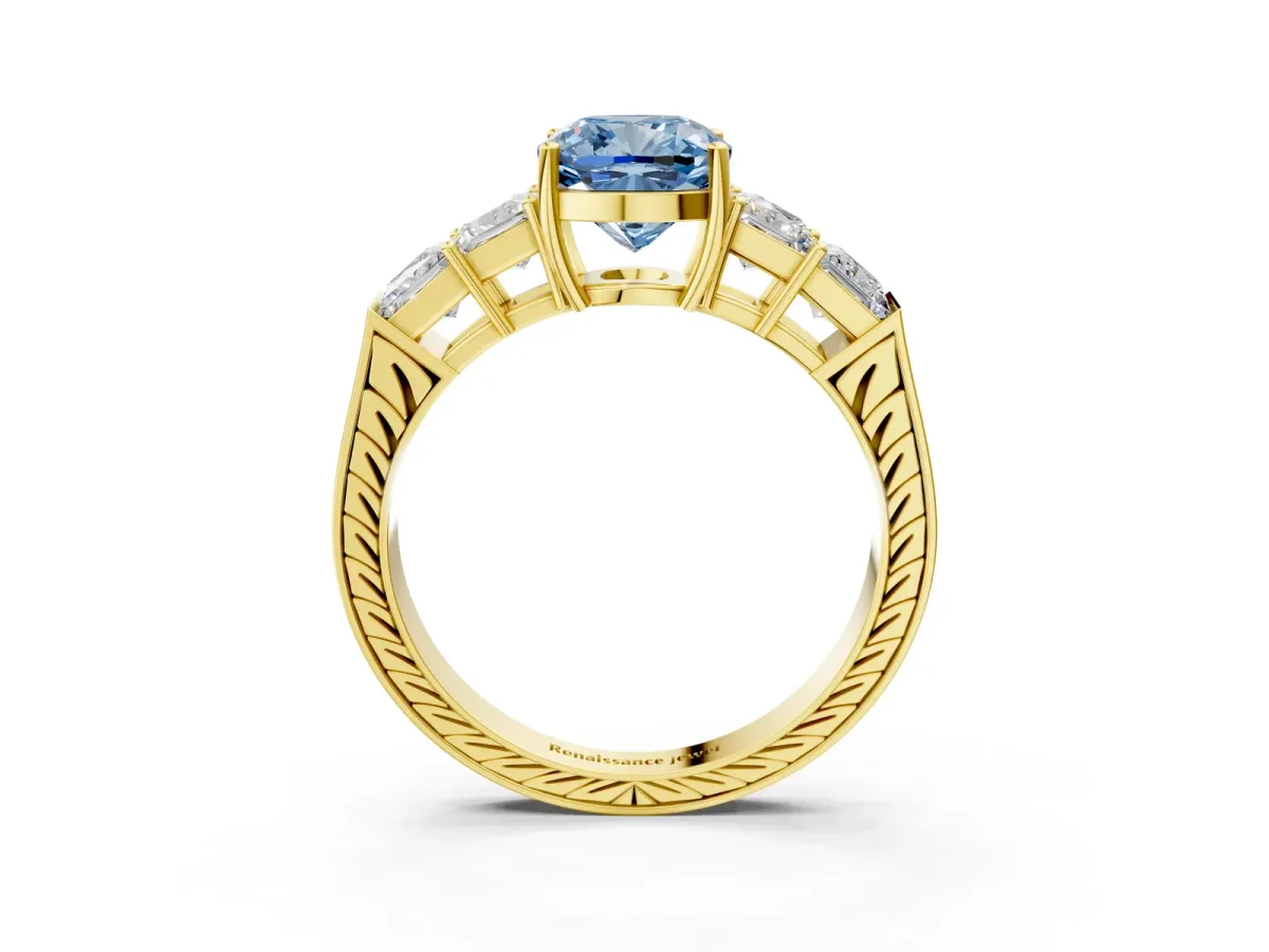 Fancy Blue Cushion Cut Solitaire Princess Side Stone Engraved Band Prong Setting Ring Yellow gold