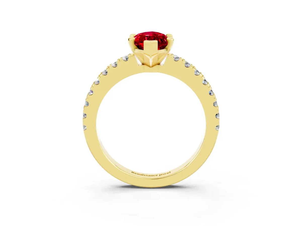 Marquise Cut Solitaire Ruby with Pavé Band and Four-Prong Setting Yellow gold