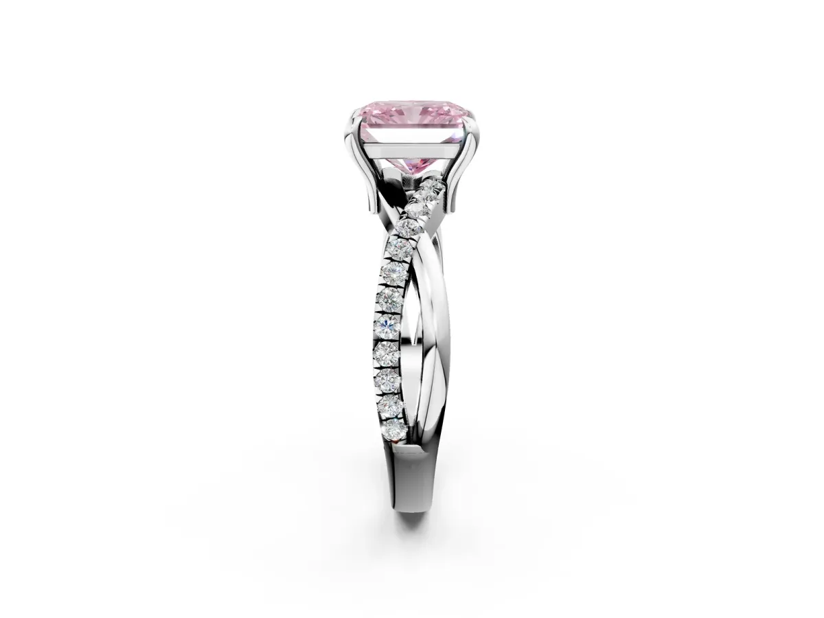Fancy Pink Radiant Cut Cut Twist Band Solitaire Diamond Ring with Pavé Setting Platinum
