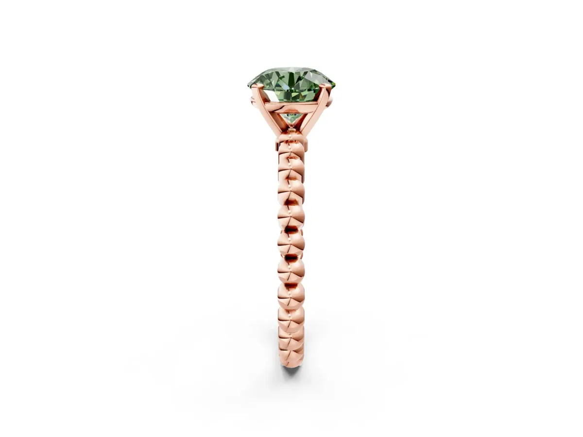 Fancy Green Round Cut Diamond Solitaire Ring with Beaded Band and Prong Setting Rose gold